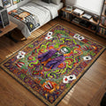 The Joker laughing surrounded by playing cards and chattering teeth in a psychedelic tapestry art style movie themed area rug and home theater mat