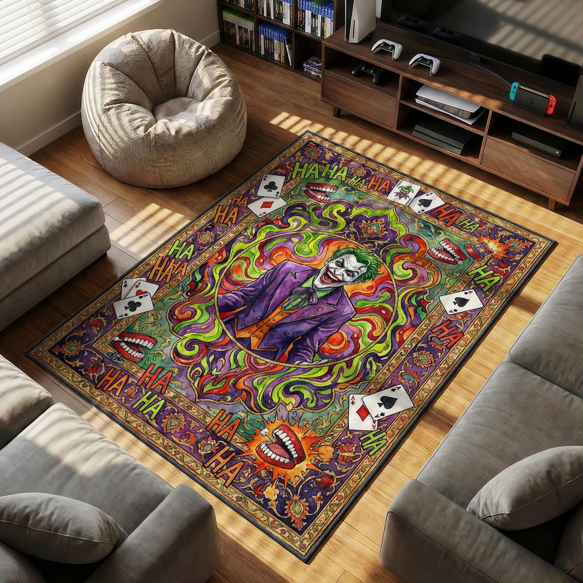 Joker Laughing themed area rug for home decor fans