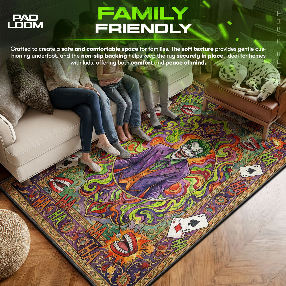 Joker area rug showing full home decor artwork