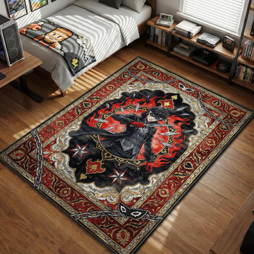 Joker from Persona 5 holding a dagger inside a red tarot card design with chains and flames graphic style gaming area rug and floor mat