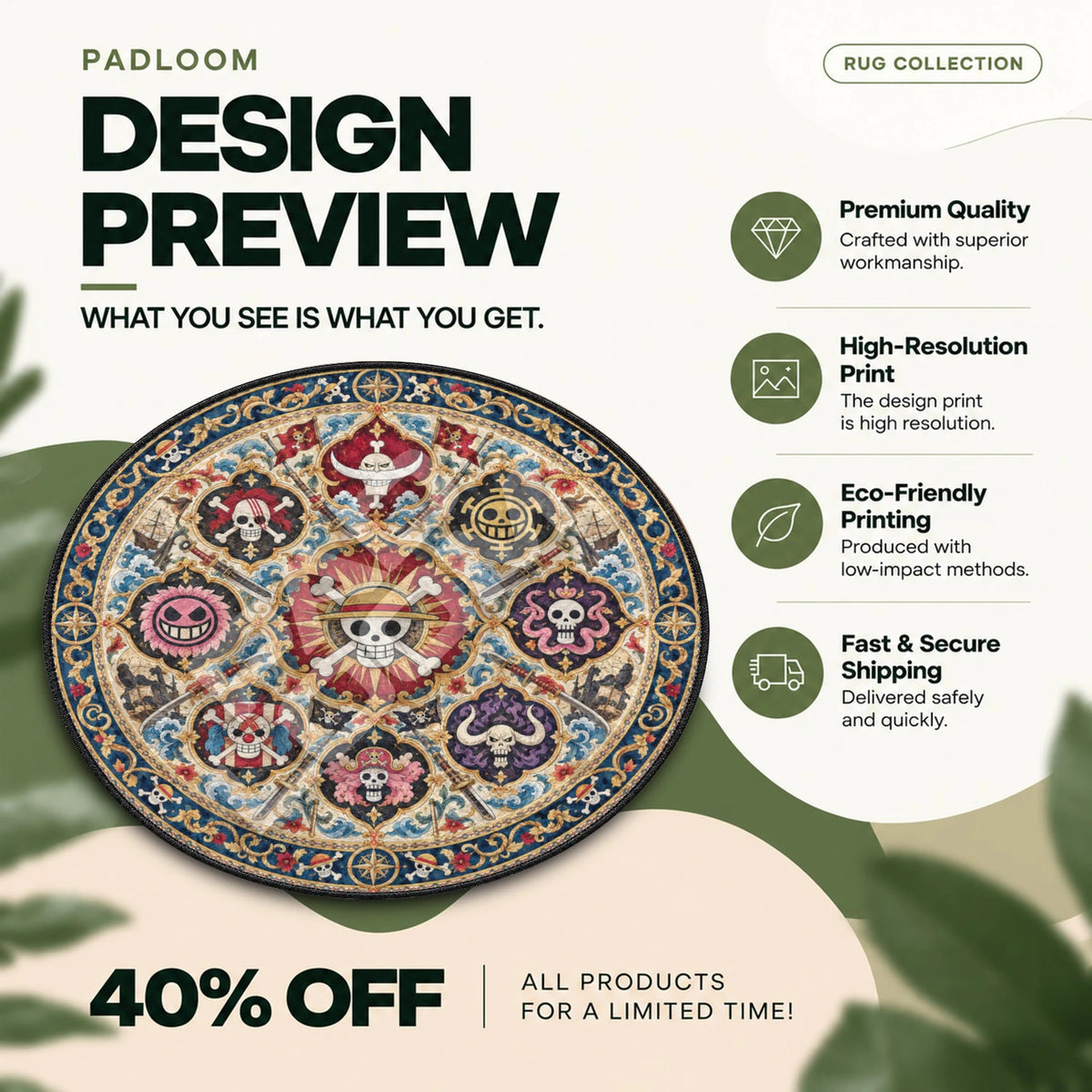 Jolly Roger Medallion One Piece round rug full design preview