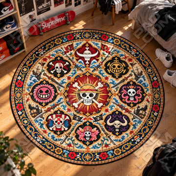 Jolly Roger Medallion One Piece round rug on a bedroom floor - One Piece chair mat