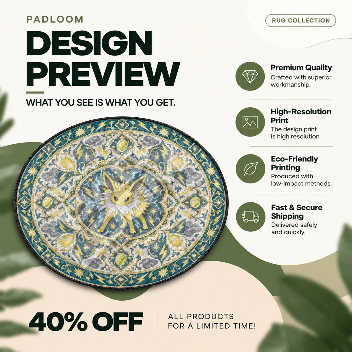 Jolteon Storm Pokemon round rug full design preview