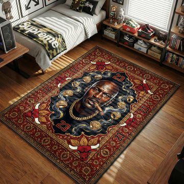 Jordan 23 rug with championship ring motif, red and gold baroque border and Bulls-inspired crest graphics