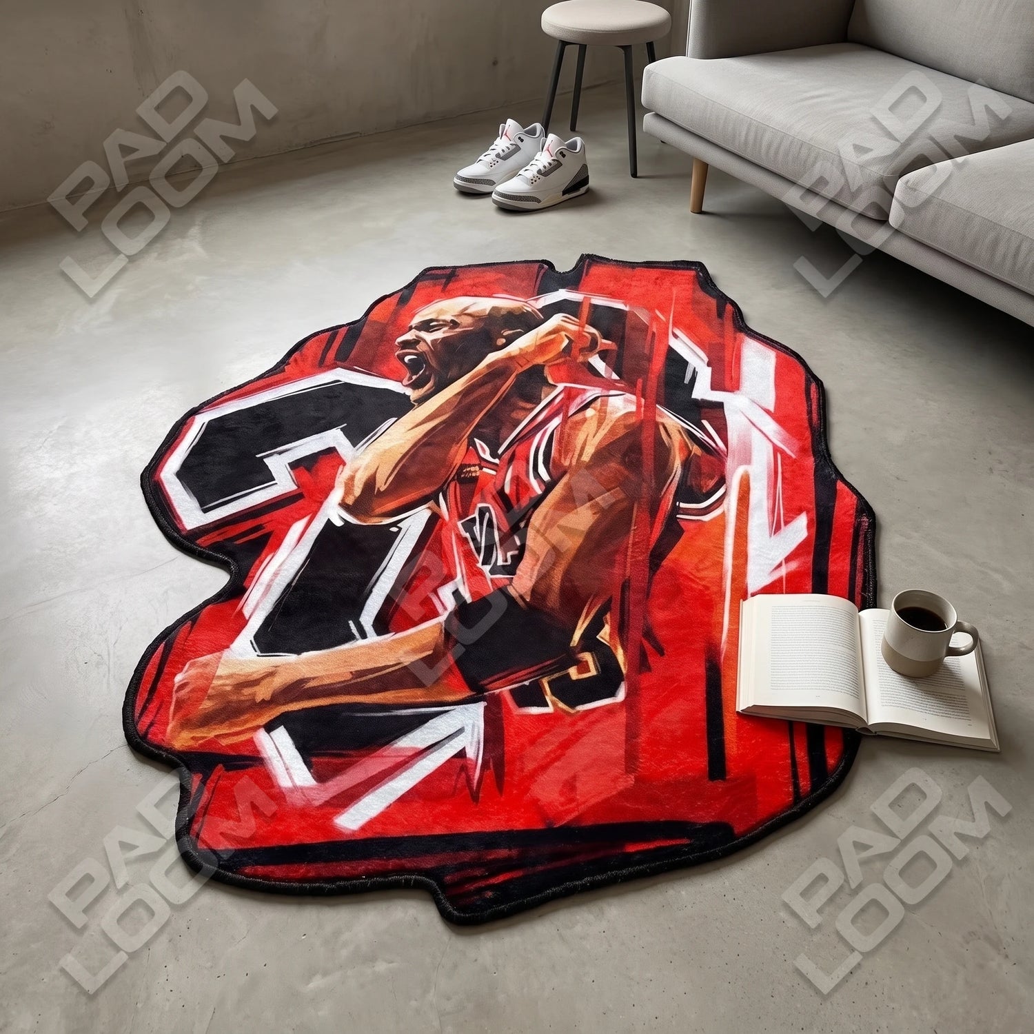 Jordan 23 shaped rug shown in a room setting