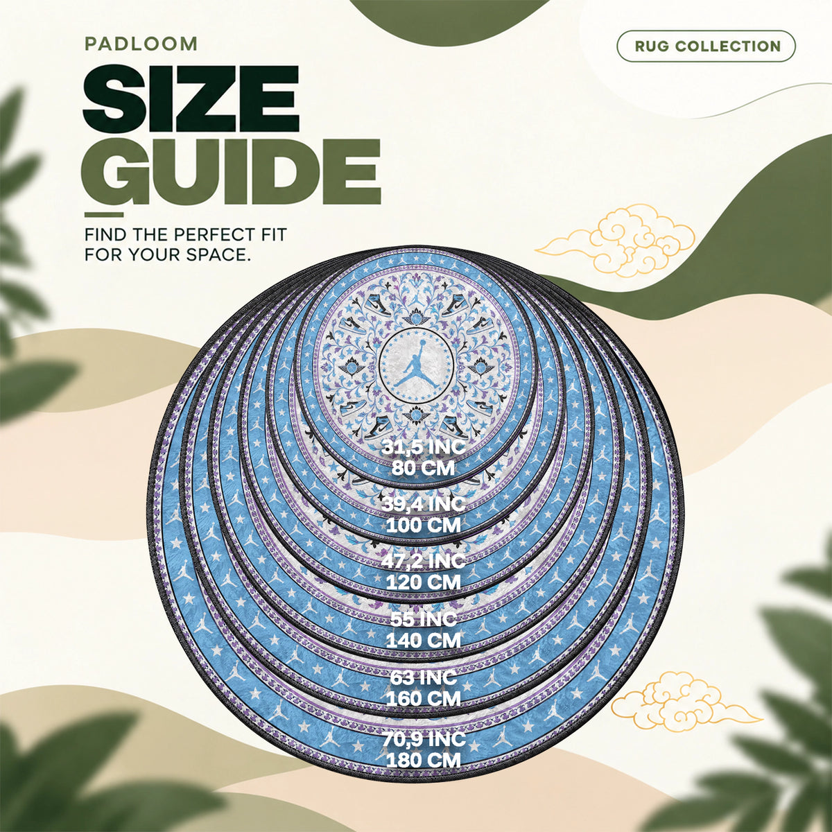 Jordan Arabesque round rug size guide, 80 to 180 cm (31.5 to 70.9 in)