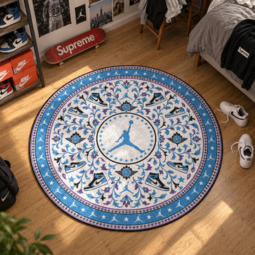 Jordan Arabesque hypebeast round rug on a bedroom floor - hypebeast chair mat