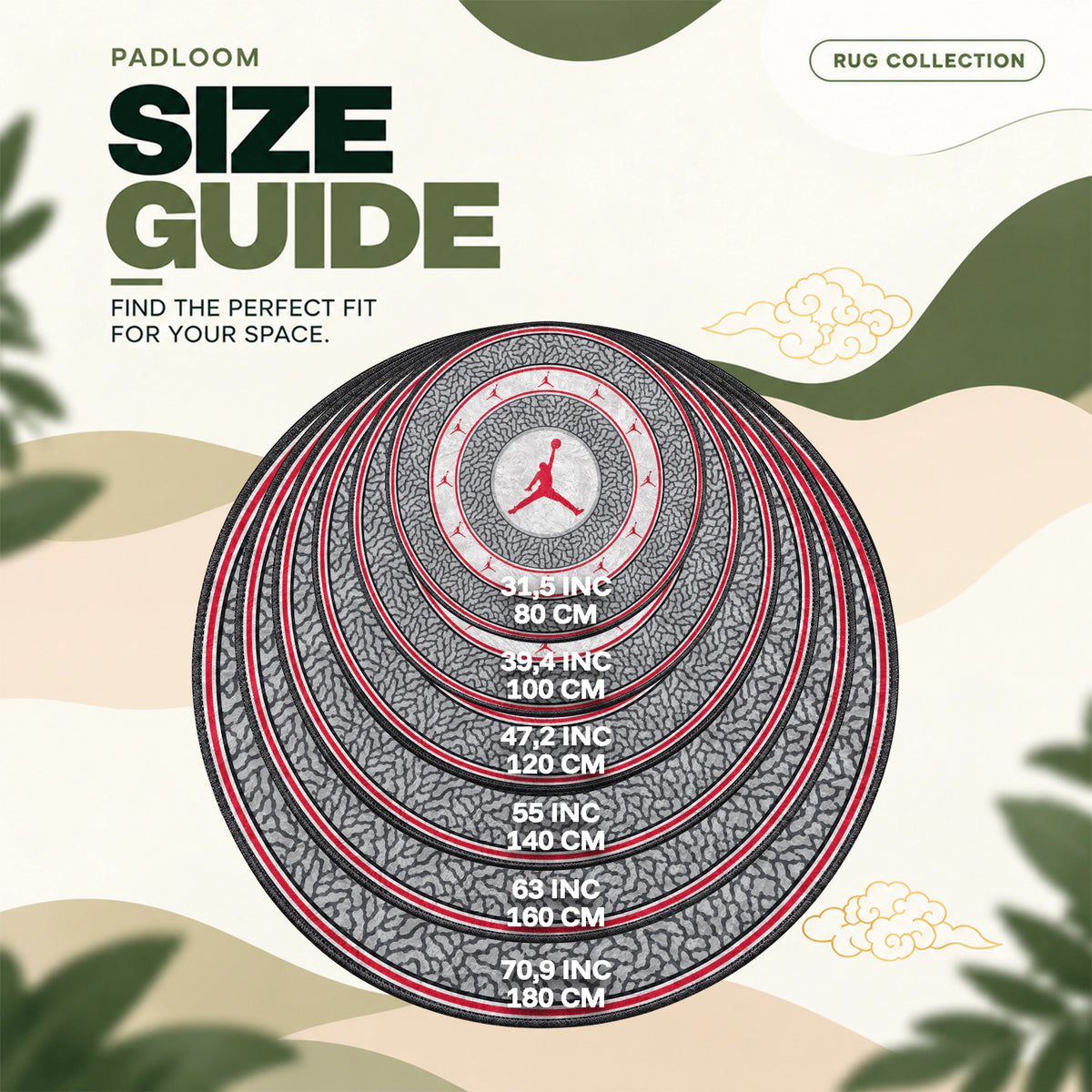 Jordan Leaping round rug size guide, 80 to 180 cm (31.5 to 70.9 in)