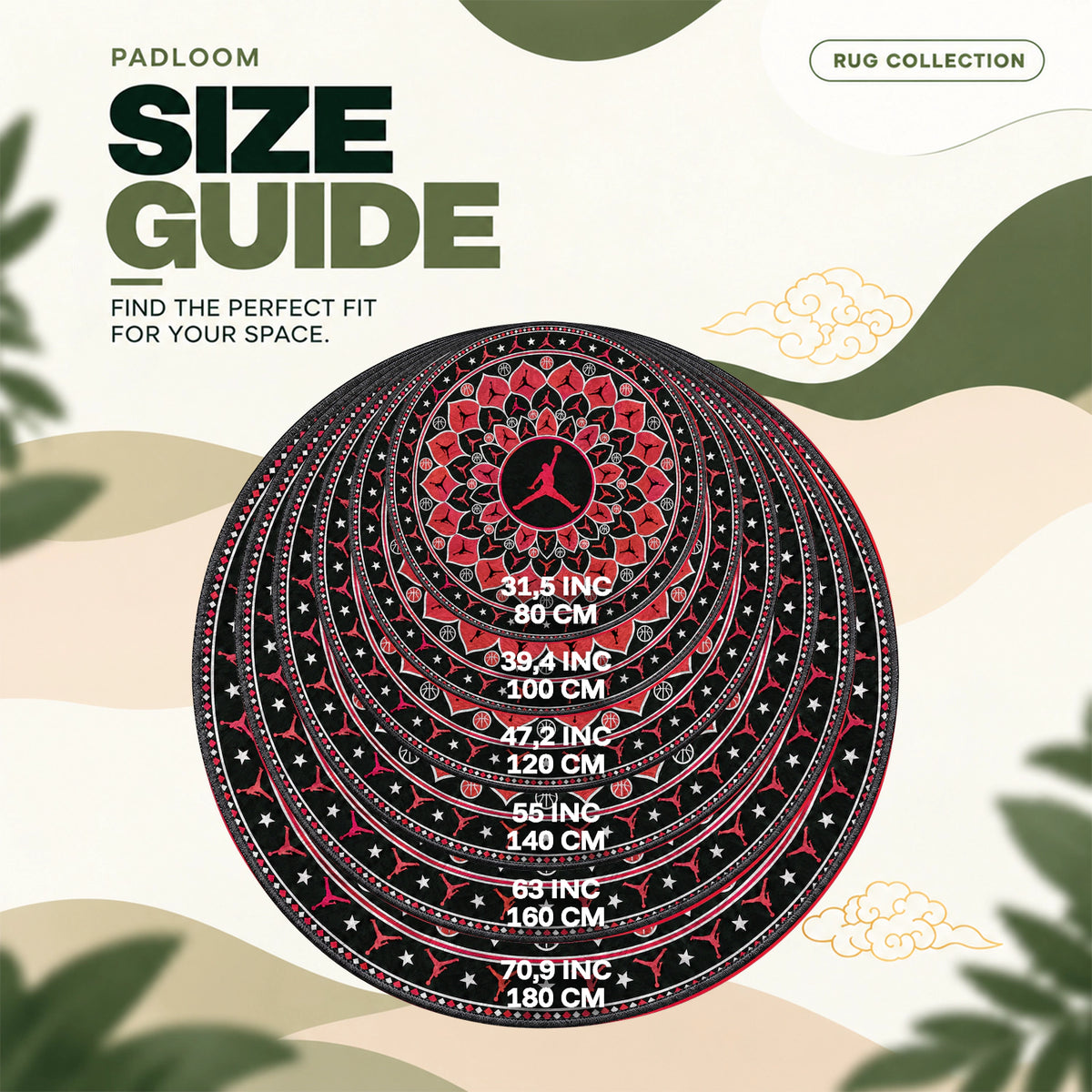 Jordan Mandala round rug size guide, 80 to 180 cm (31.5 to 70.9 in)