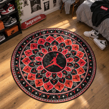 Jordan Mandala hypebeast round rug on a bedroom floor - hypebeast chair mat