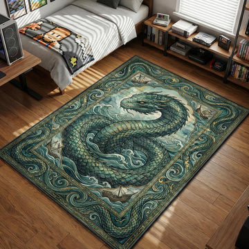 Jörmungandr World Serpent rising from teal ocean waves surrounded by Viking ships gaming area rug and floor mat