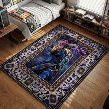 Jotaro Kujo doing his signature point pose with Star Platinum punching, surrounded by a border of dolphins, anchors, Tarot cards, and ORA ORA text.