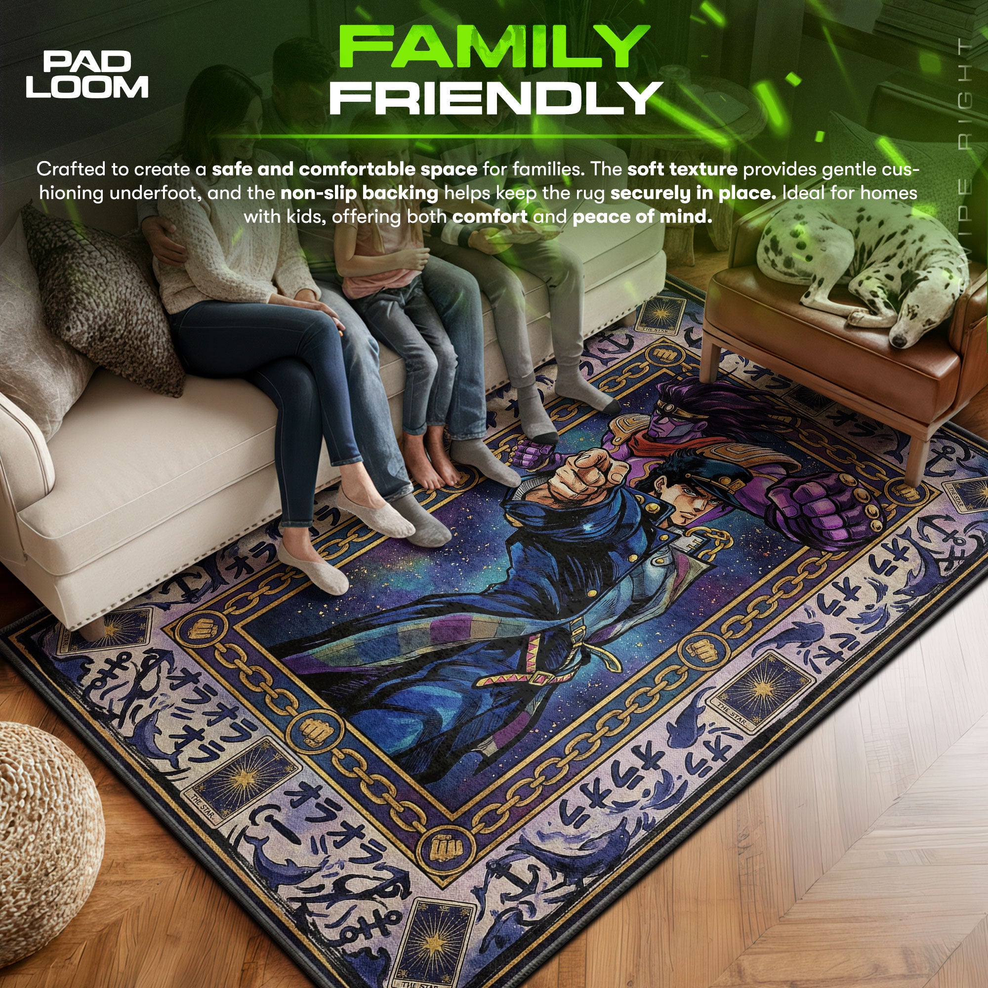 Jotaro area rug showing full home decor artwork