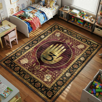 Journal 3 golden hand Gravity Falls area rug with cipher text on crimson black tapestry