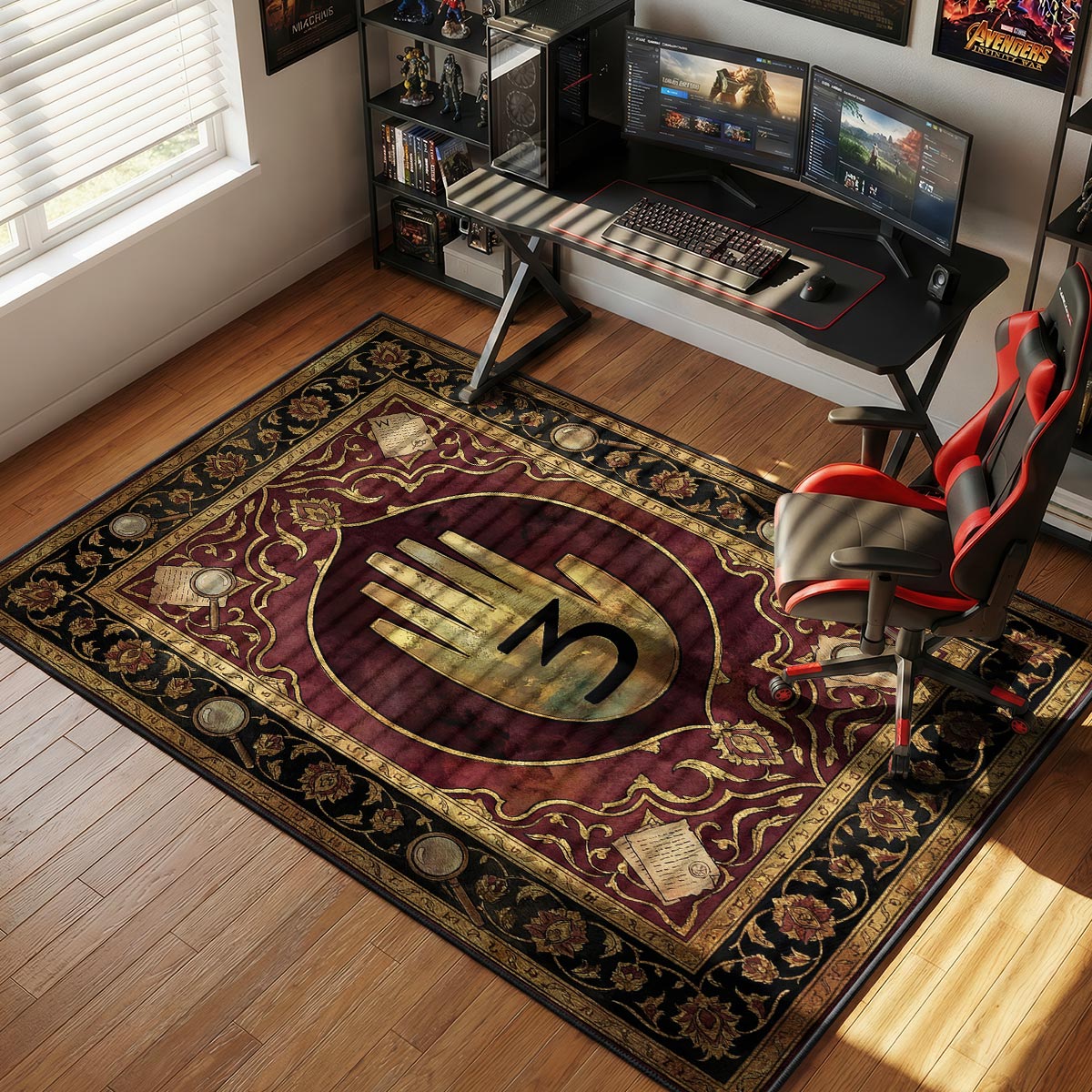 Journal 3 rug placed in a dark study with leather chair and stacked books on wood desk