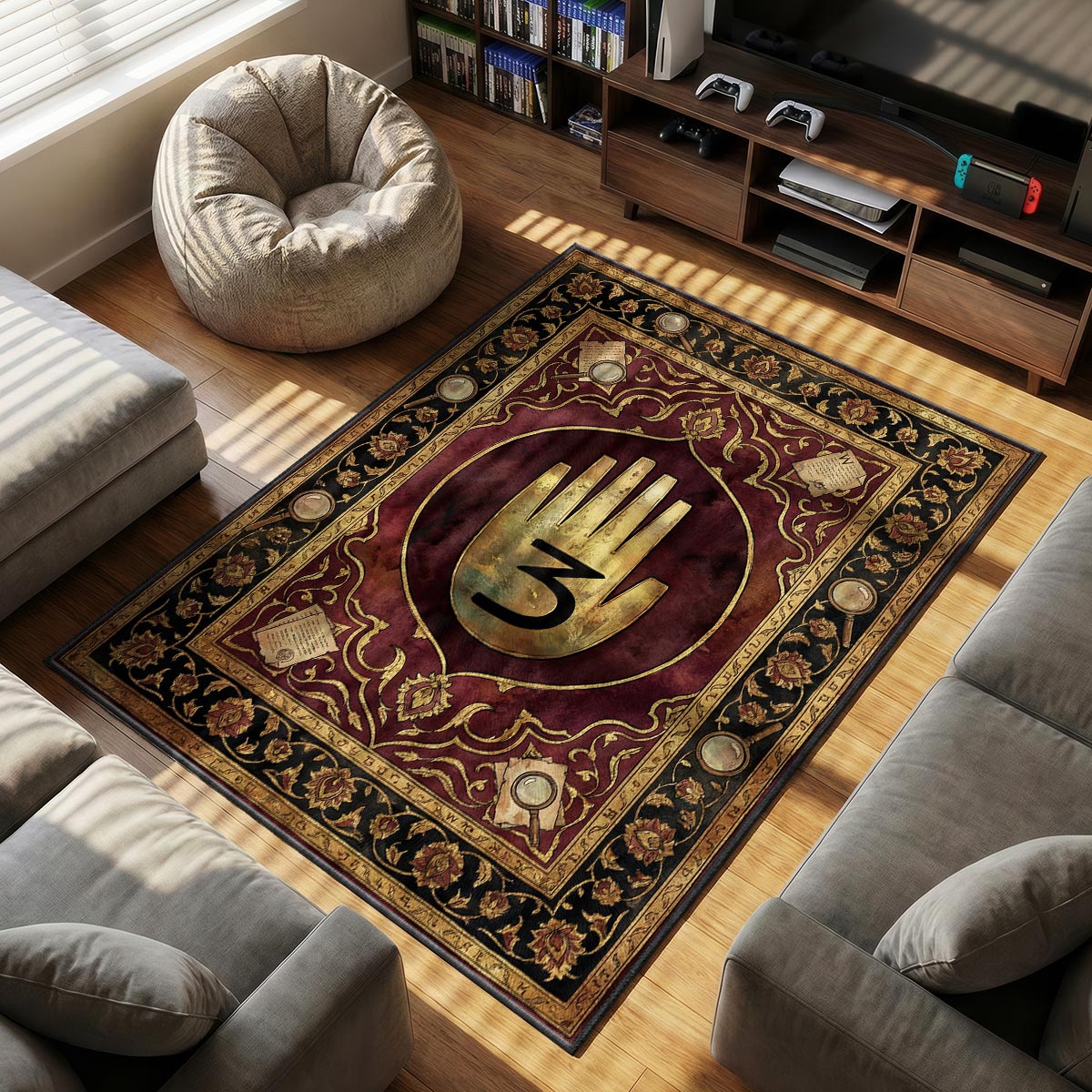 Close-up of Journal 3 area rug showing gold six-fingered hand and crimson velvet texture