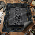 Joy Division Unknown Pleasures pulsar wave area rug in white on black with dark data-style border