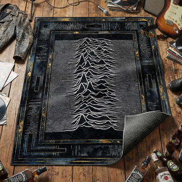 Joy Division Unknown Pleasures pulsar wave area rug in white on black with dark data-style border