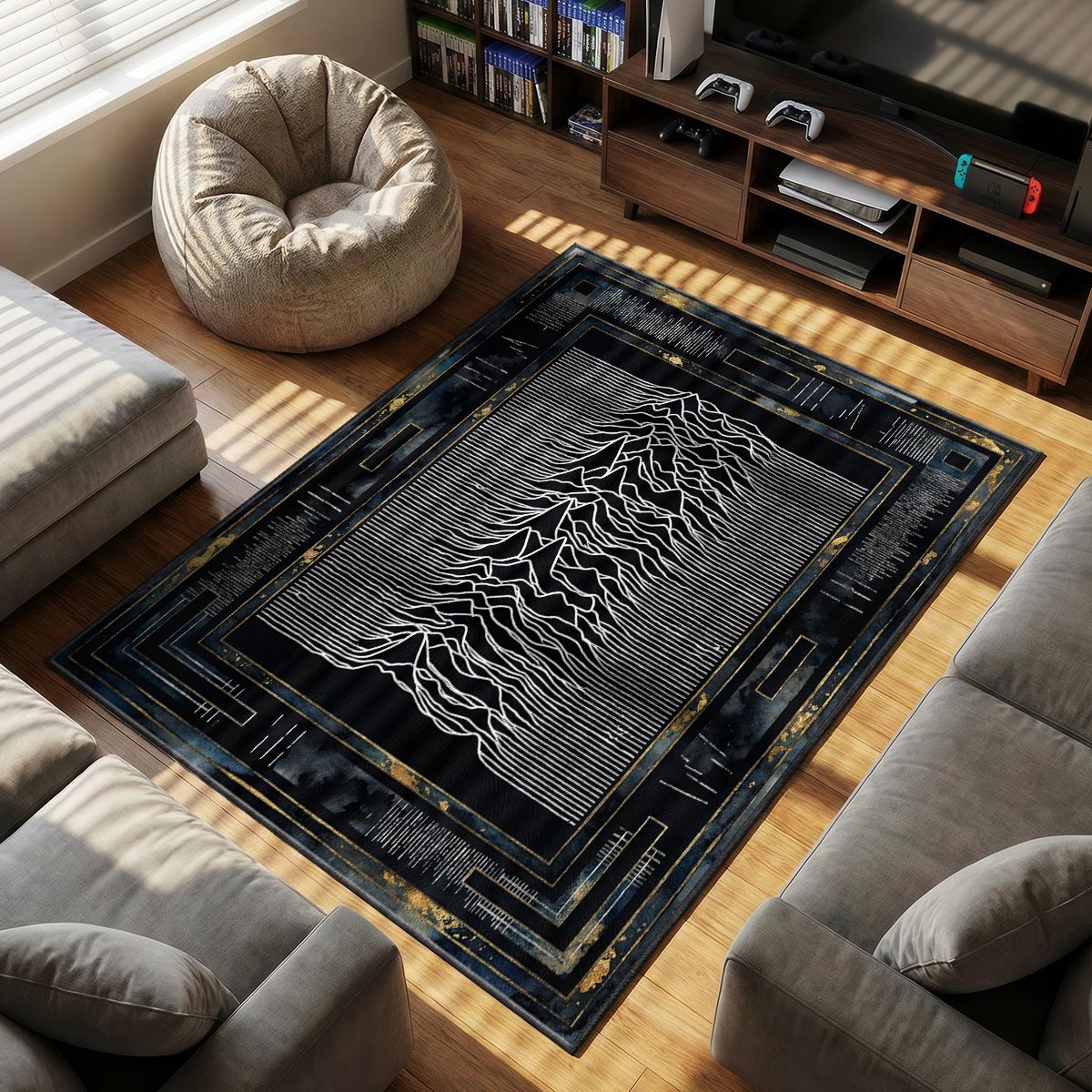 Joy Division post-punk rug placed in a minimalist room with dark furniture and gallery-style lighting