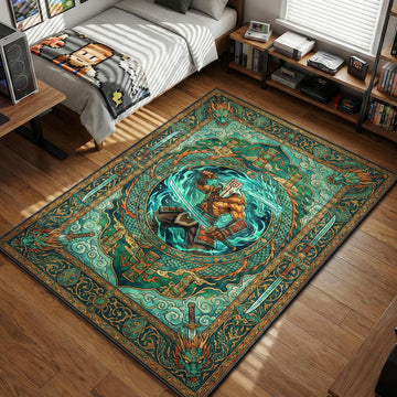 Juggernaut Yurnero wielding katana with spirit dragon in ornate eastern tapestry style gaming area rug and floor mat