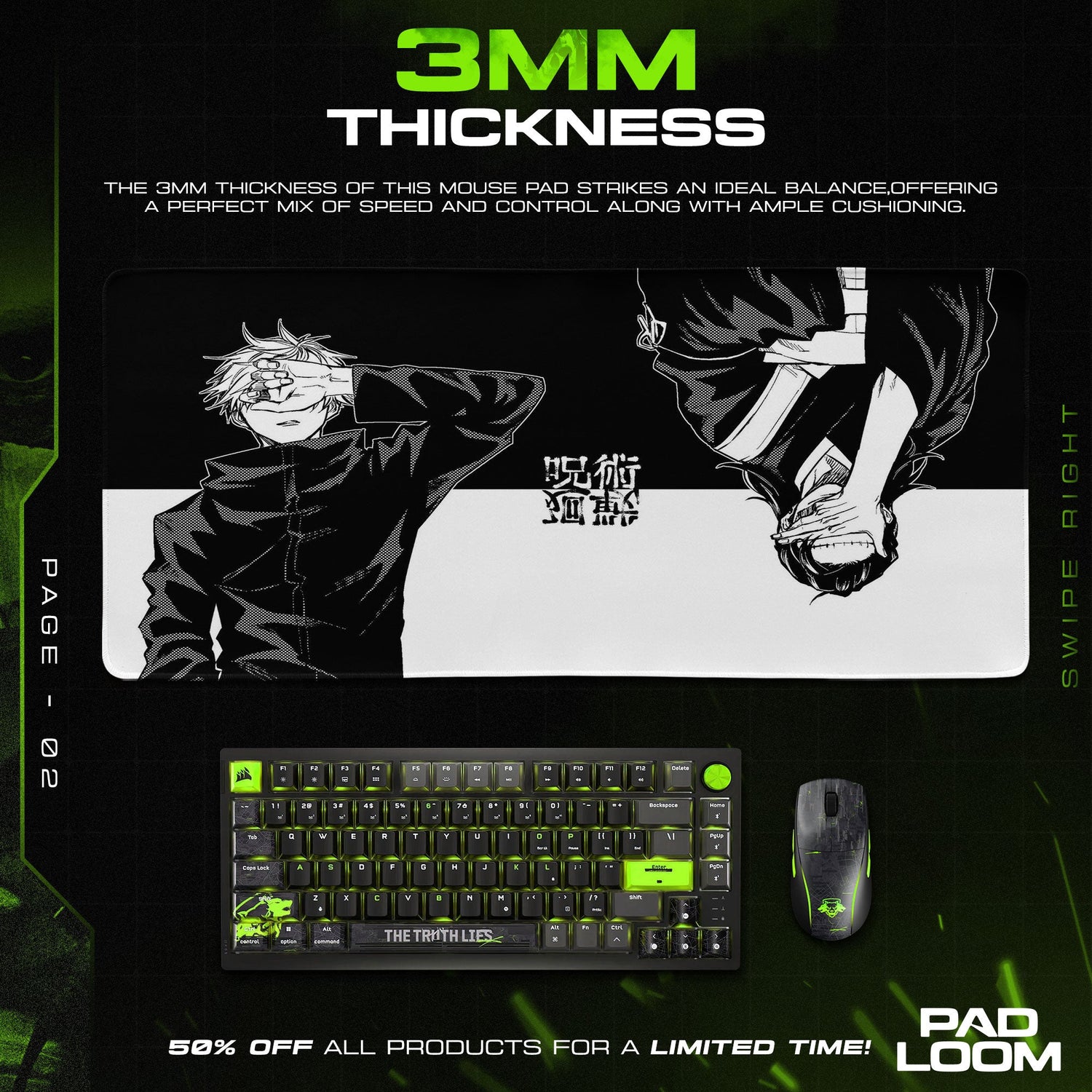 Jujutsu Kaisen Black White Duo Mouse Pad, Anime Gaming Desk Mat Padloom