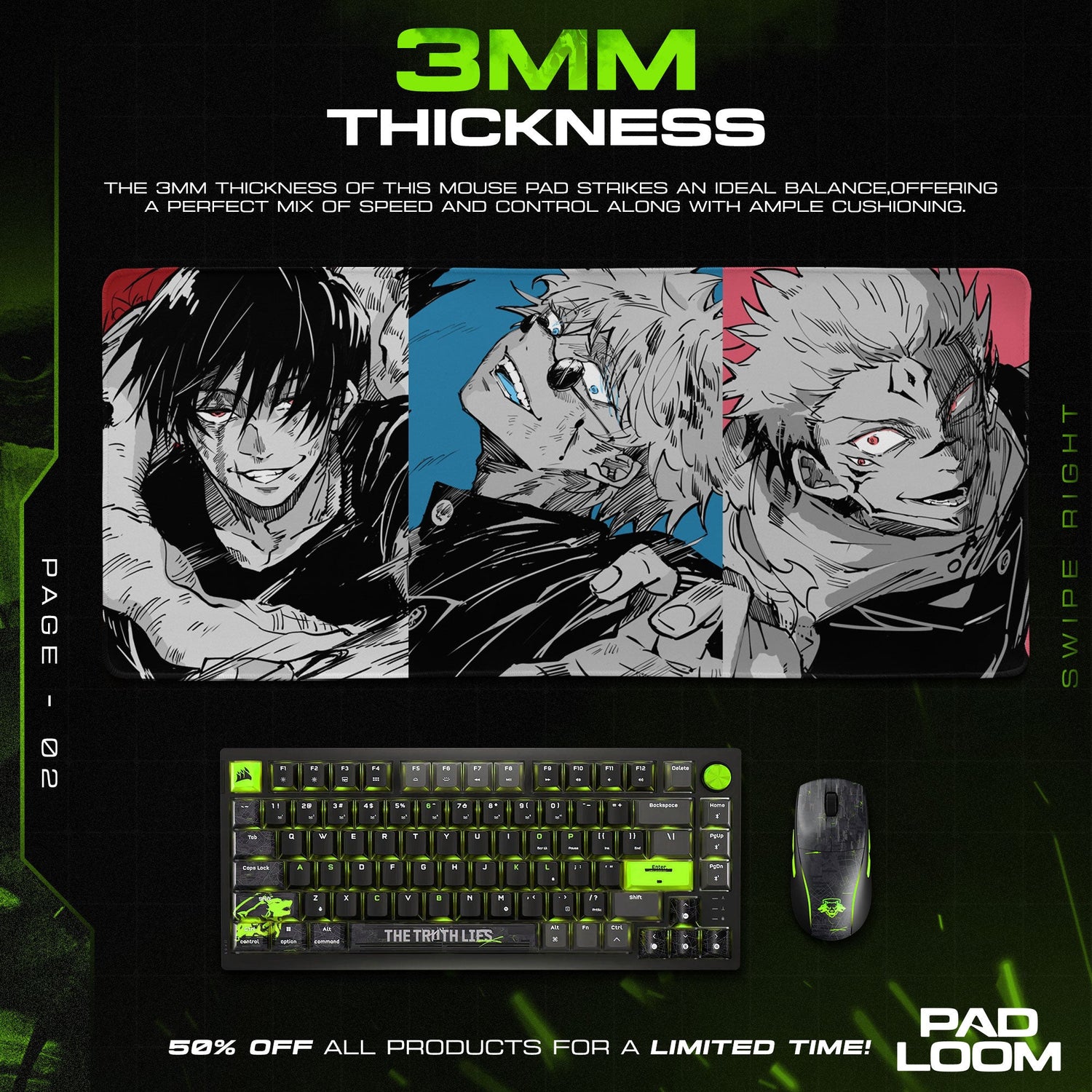 Jujutsu Kaisen Dark Trio Mouse Pad, Anime Gaming Desk Mat Padloom