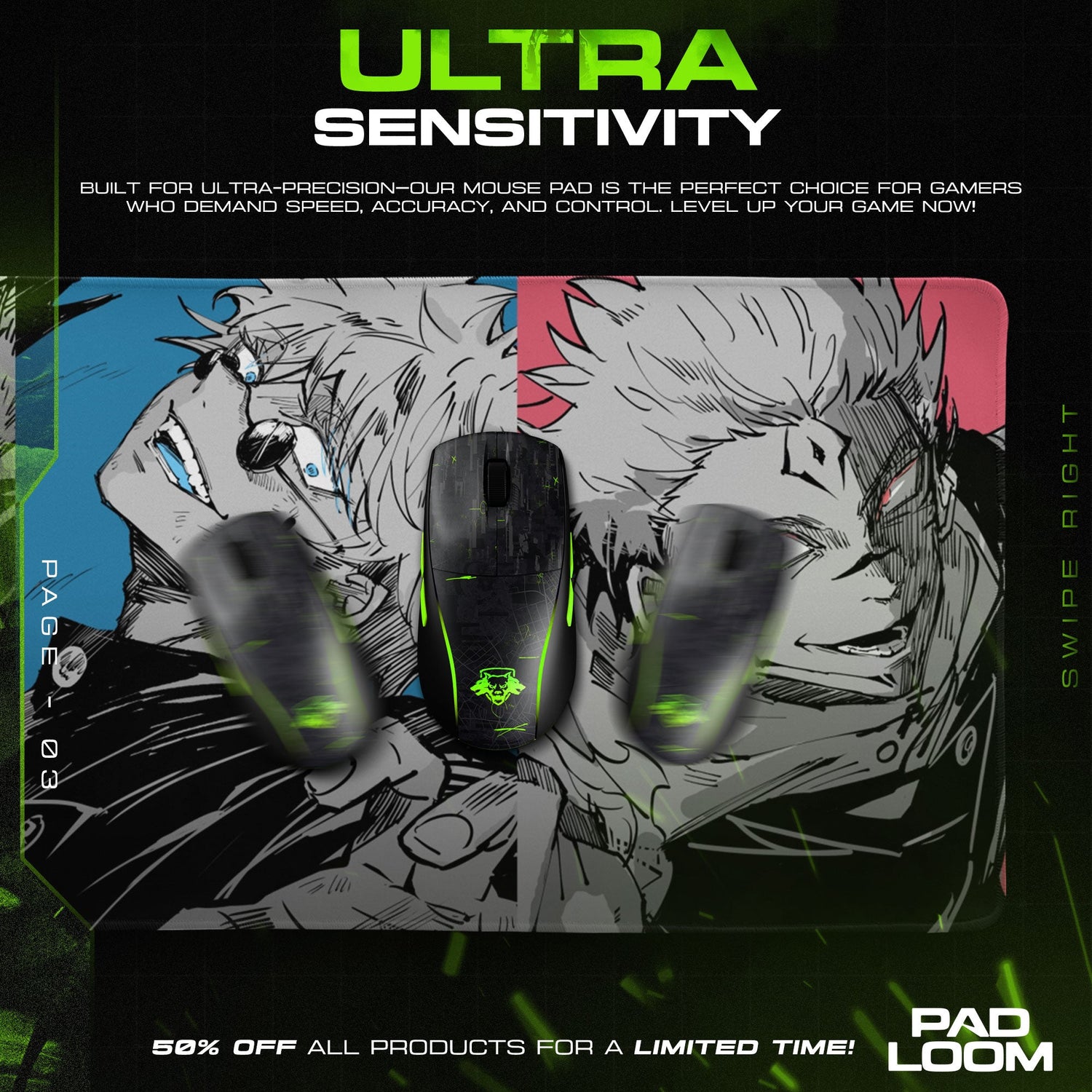 Jujutsu Kaisen Dark Trio Mouse Pad, Anime Gaming Desk Mat Padloom