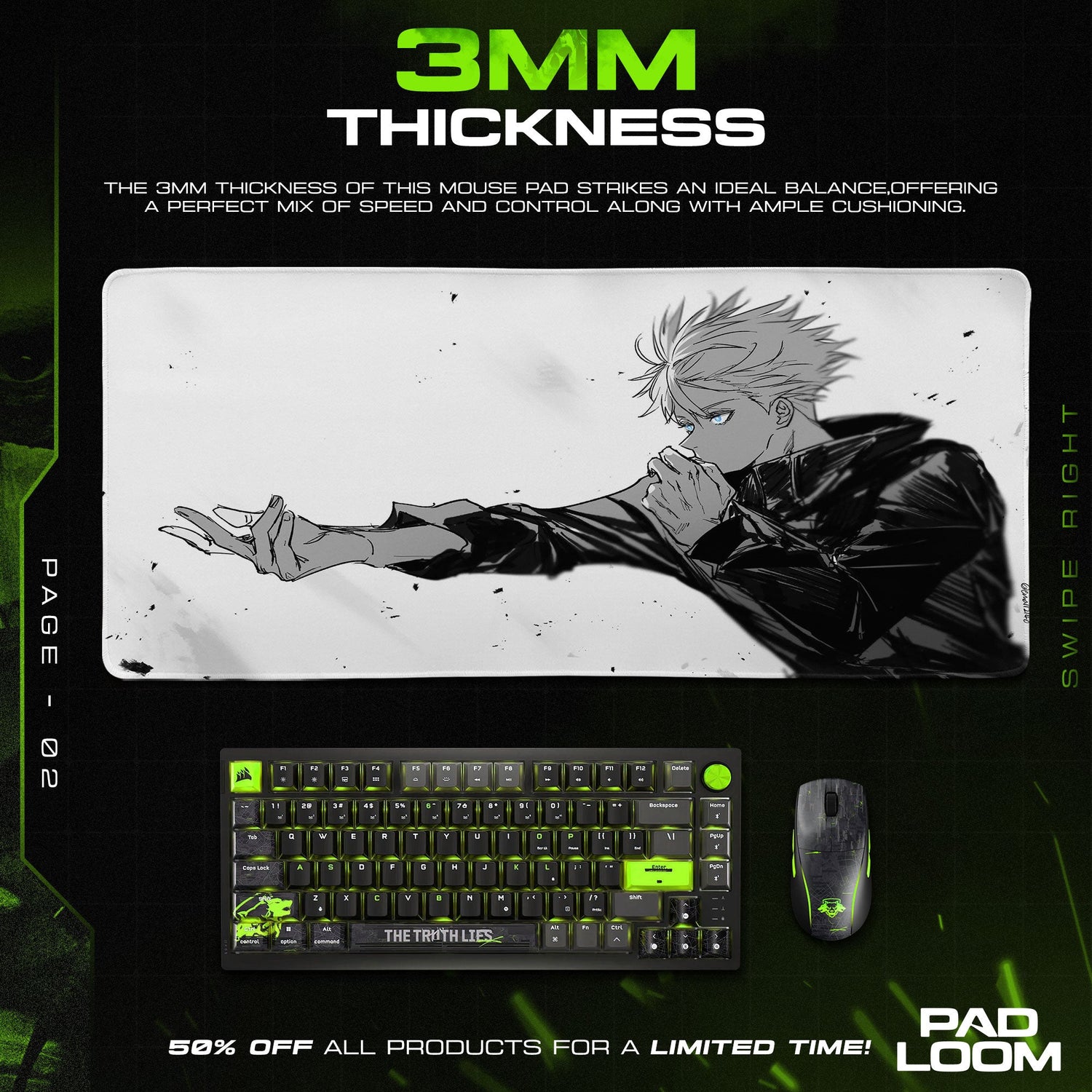 Jujutsu Kaisen Gojo Monochrome Mouse Pad, Anime Gaming Desk Mat Padloom