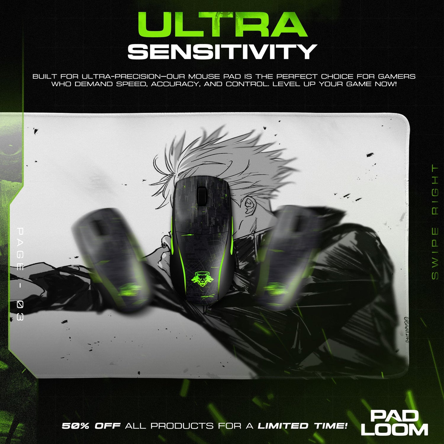 Jujutsu Kaisen Gojo Monochrome Mouse Pad, Anime Gaming Desk Mat Padloom