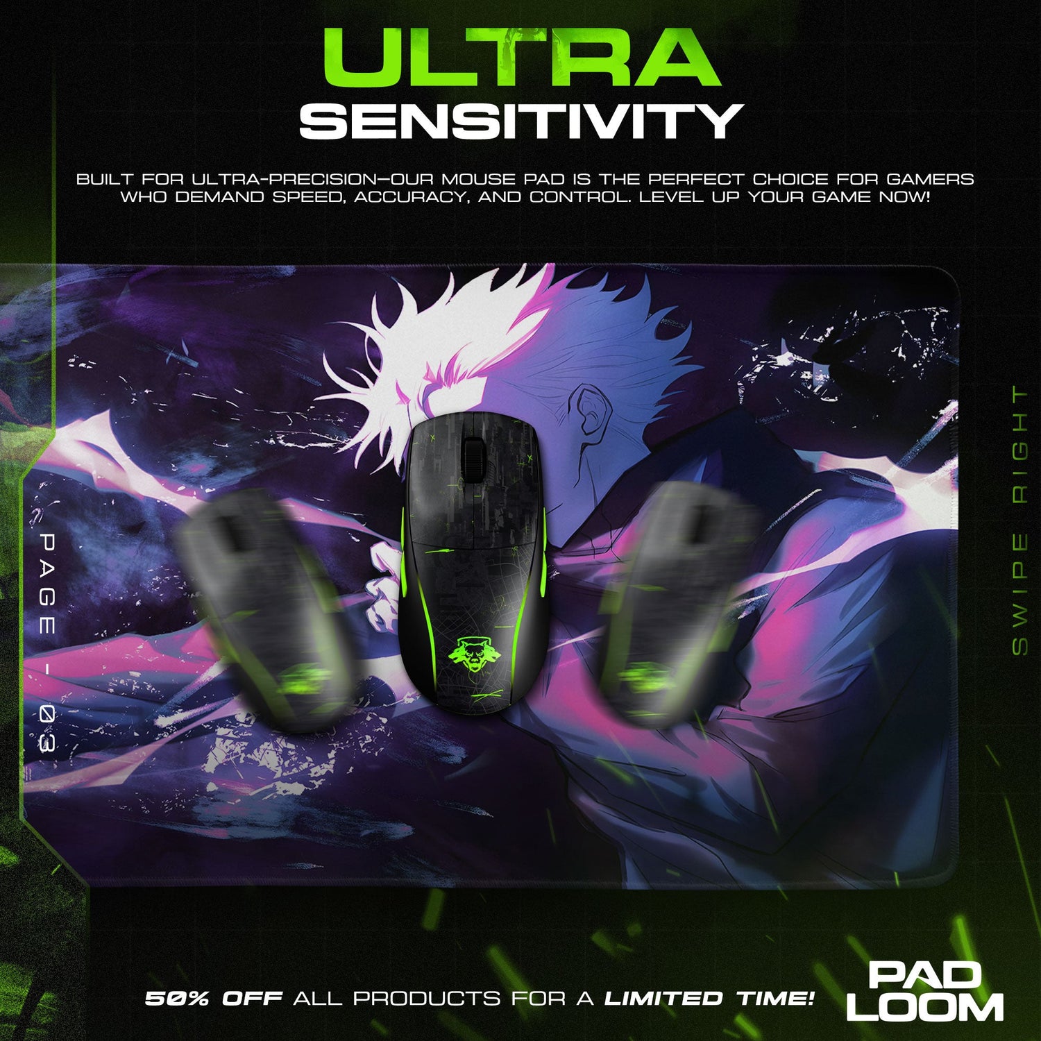 Jujutsu Kaisen Gojo Purple Energy Mouse Pad, Anime Gaming Desk Mat Padloom