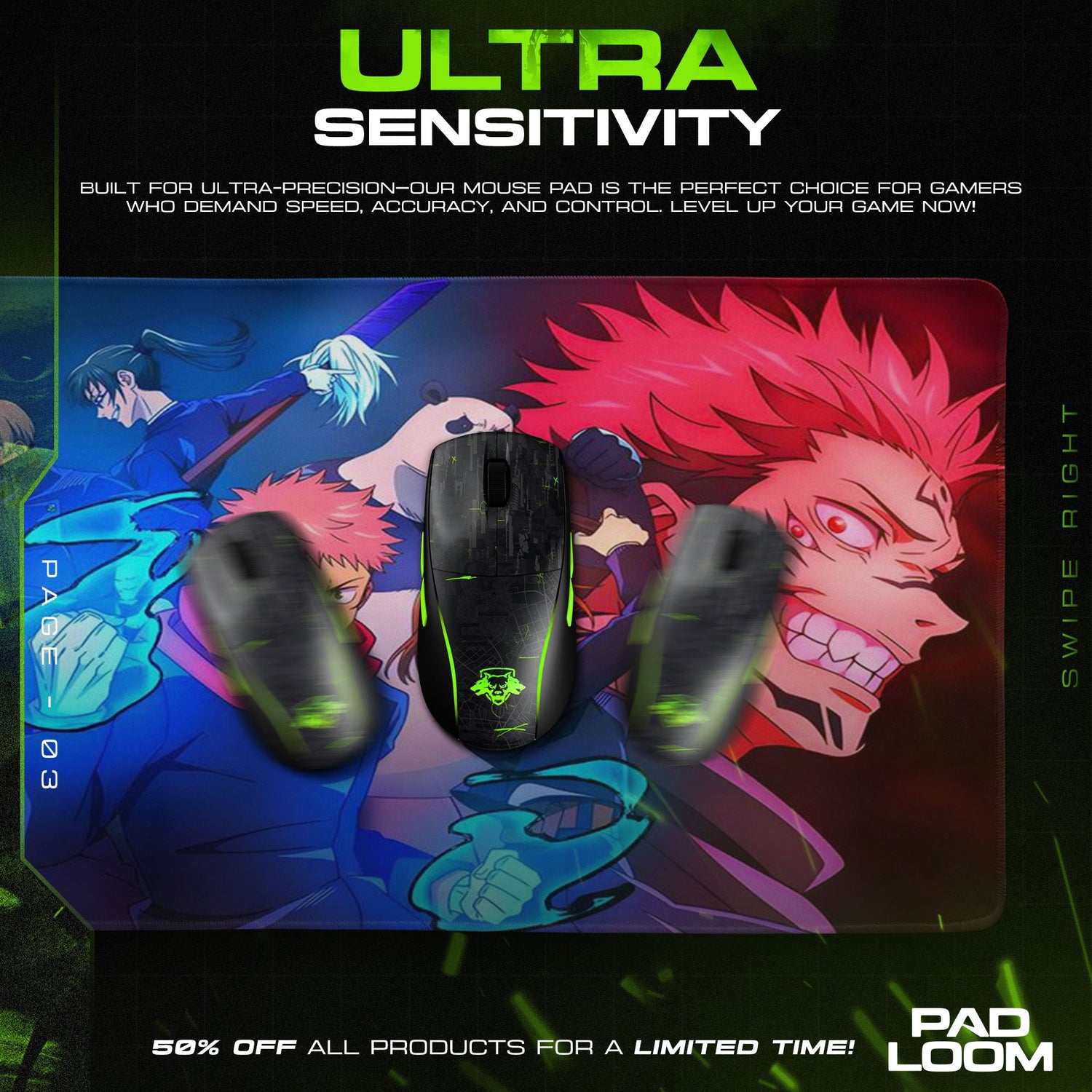 Jujutsu Kaisen Mouse Pad, Cursed Energy Anime Desk Mat Padloom