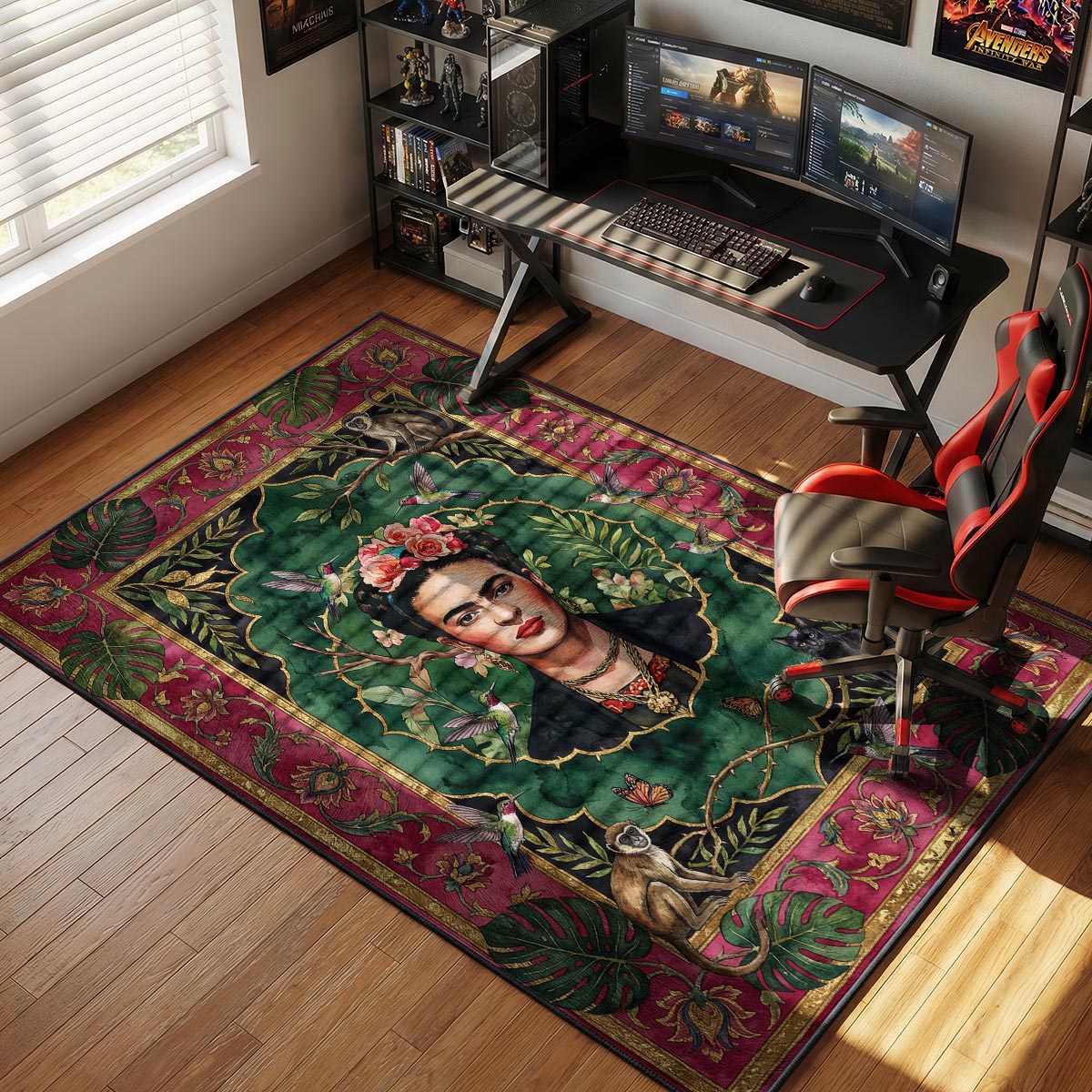 Jungle portrait rug placed in a living room with terracotta pots woven textiles and warm wood