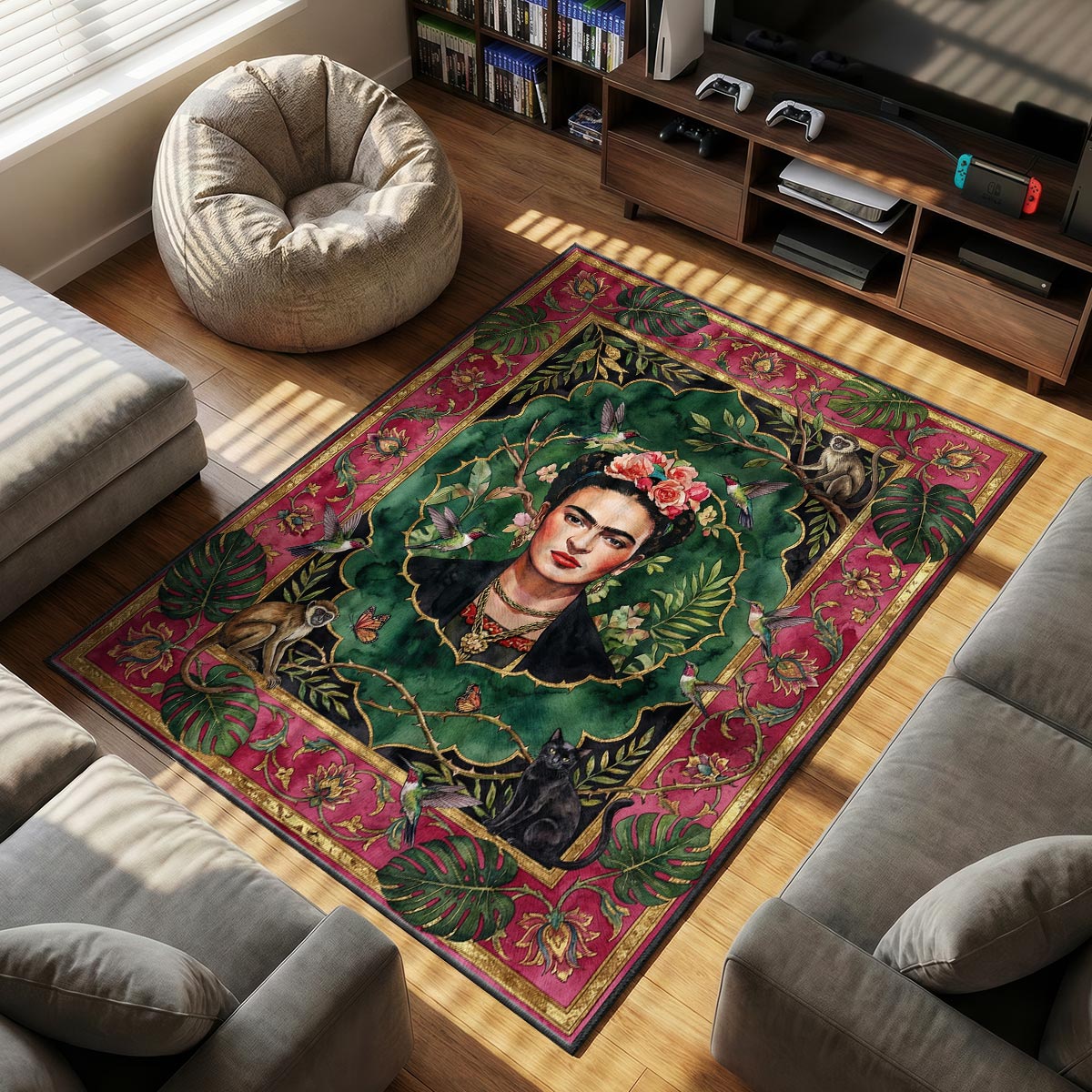 Close-up of jungle portrait rug showing rose crown and hummingbird detail on plush fiber surface
