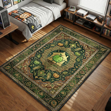 Green Junimo waving inside golden Community Center frame with pumpkin and corn Persian floral pattern gaming area rug and floor mat
