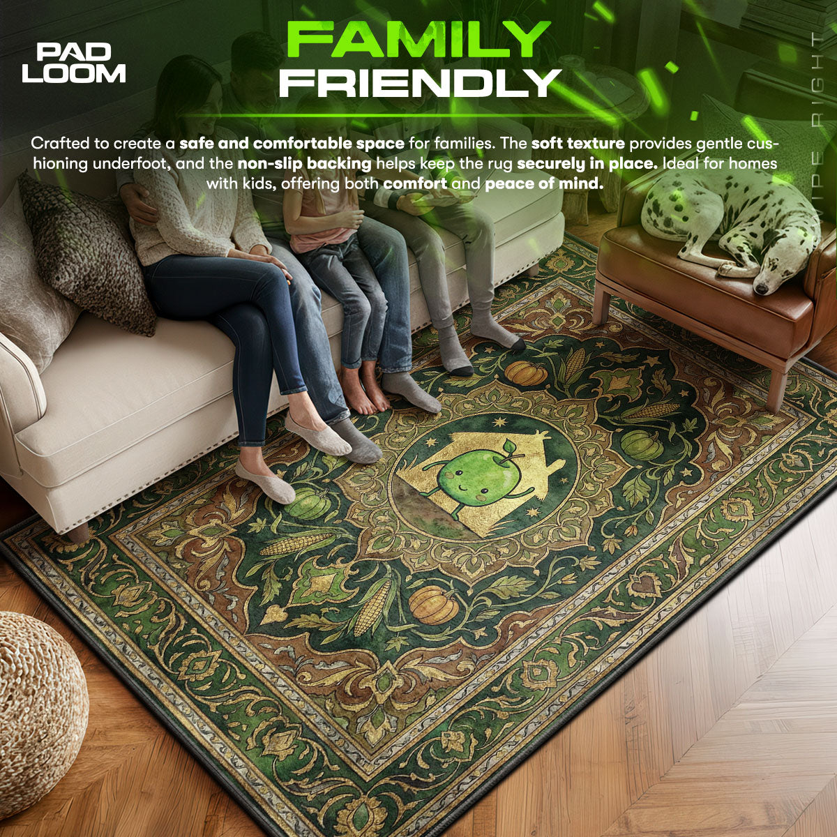 Junimo area rug showing full home decor artwork