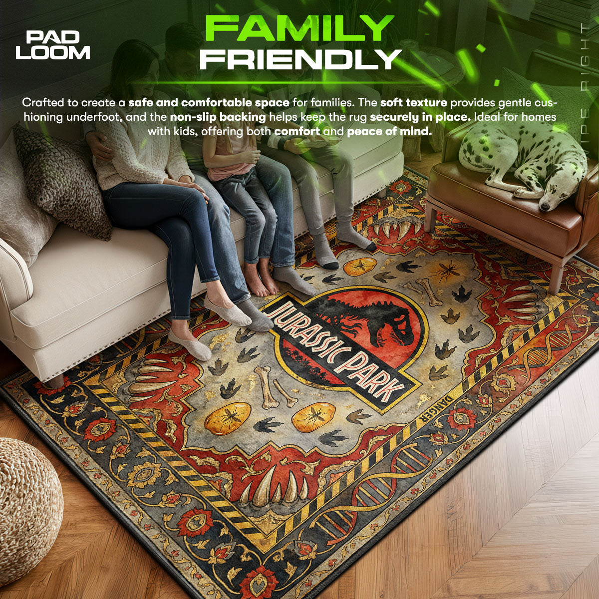 Jurassic area rug showing full Classic artwork