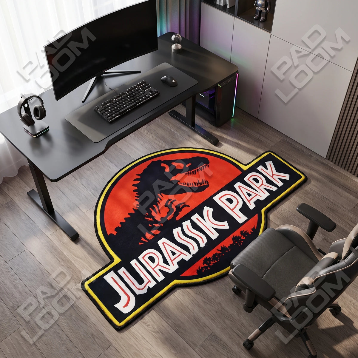 Jurassic Park shaped rug shown in a room setting
