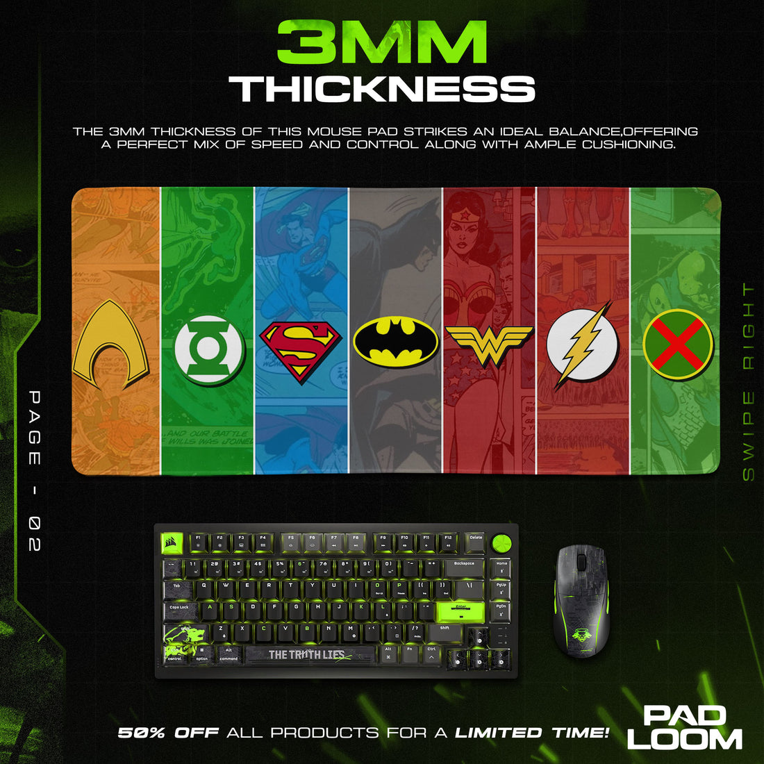 Justice League Mouse Pad, Comic Panel Heroes Gamer Desk Mat