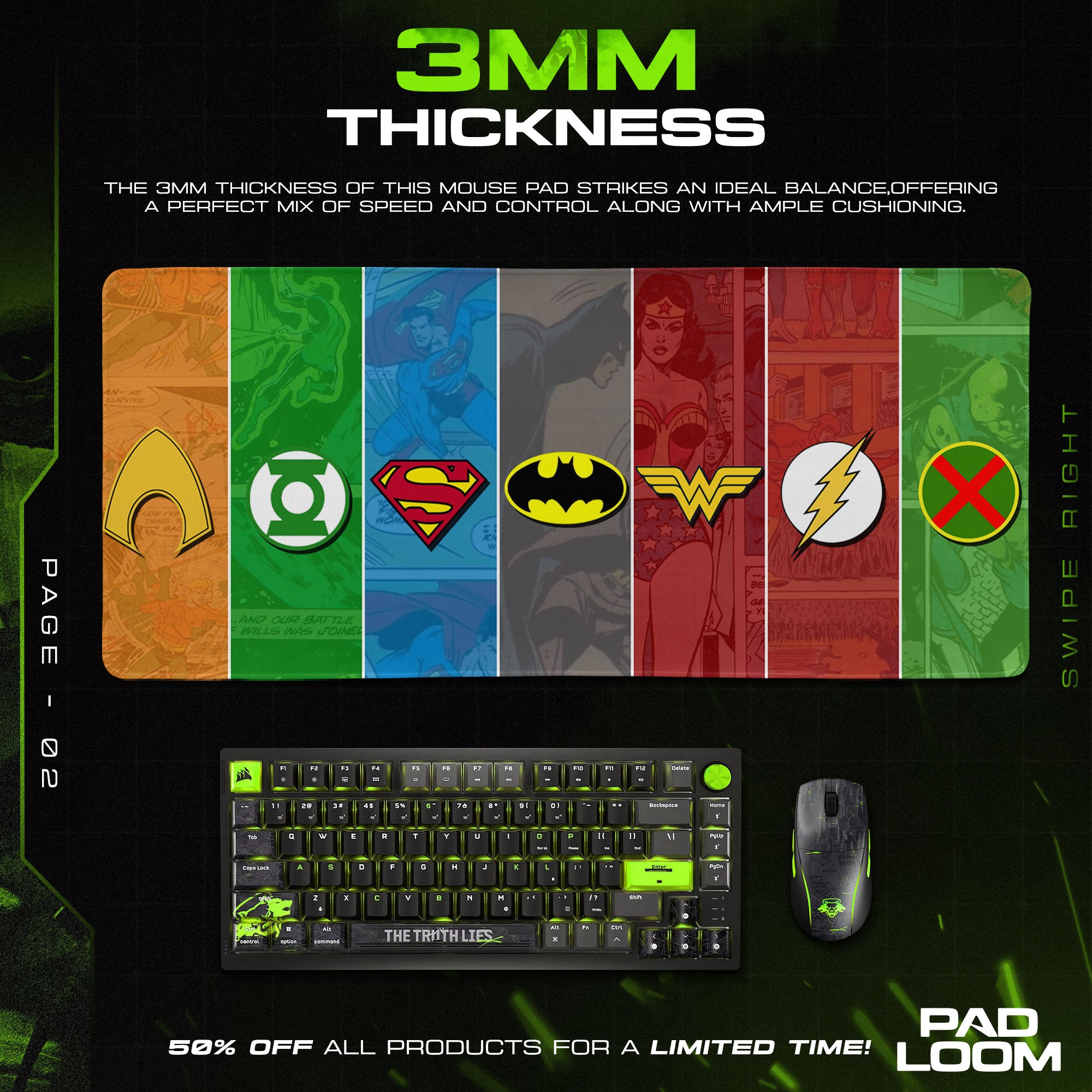 Justice League Mouse Pad, Comic Panel Heroes Gamer Desk Mat