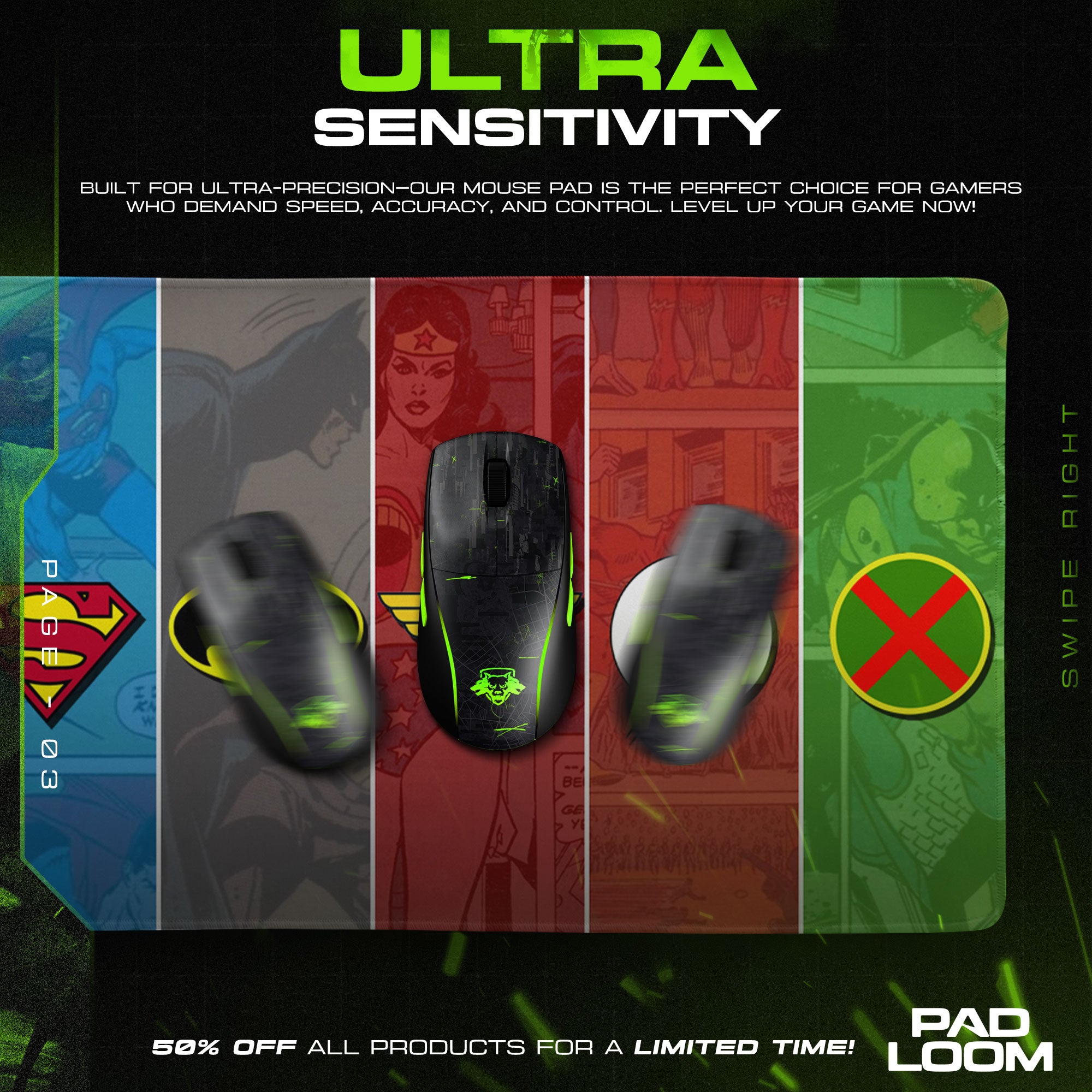 Justice League Mouse Pad, Comic Panel Heroes Gamer Desk Mat