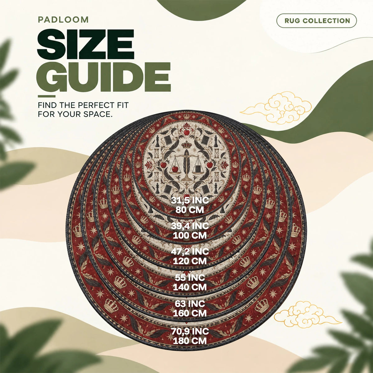 Justice Scales round rug size guide, 80 to 180 cm (31.5 to 70.9 in)