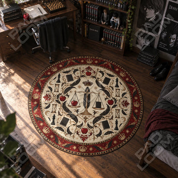 Justice Scales Death Note round rug on a bedroom floor - Death Note chair mat