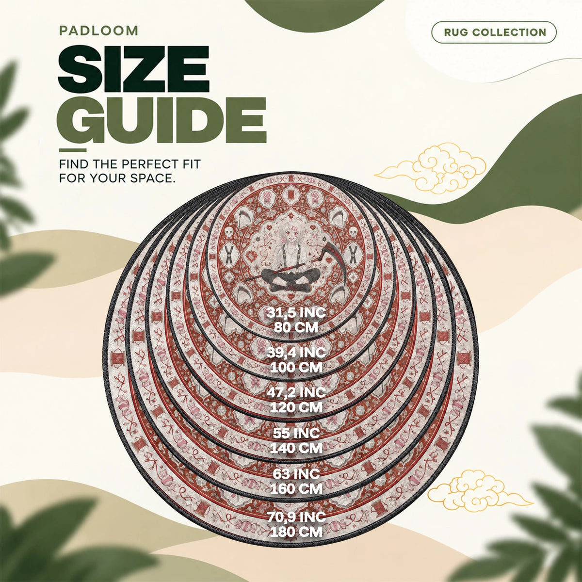 Juuzou Seated round rug size guide, 80 to 180 cm (31.5 to 70.9 in)