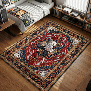 Juuzou Suzuya wielding scythe quinque amidst knives and stitched portraits art style area rug and floor mat