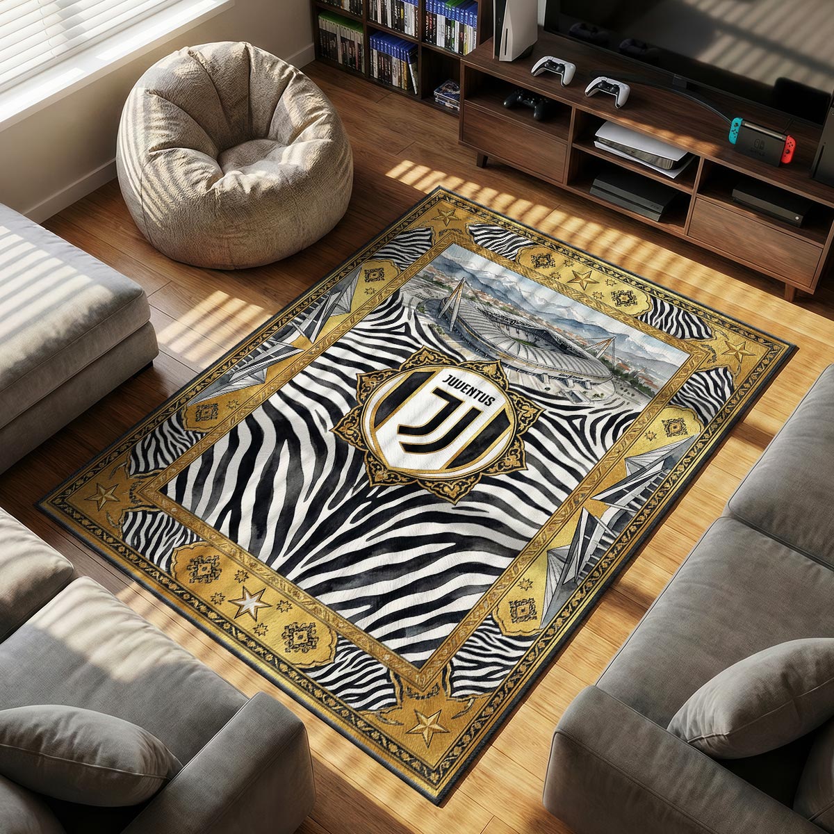Juventus Zebra themed area rug for home decor fans