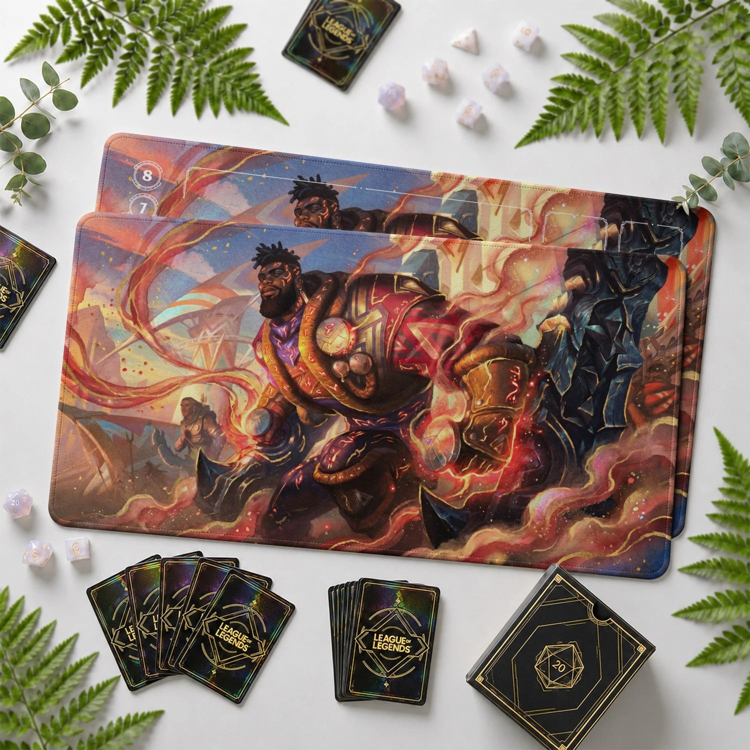 K'Sante Warborn Riftbound TCG playmat with card zones and score track – LoL game mat