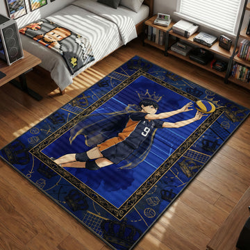 Vertical anime rug design featuring Kageyama Tobio from Haikyuu setting a volleyball, wearing a spectral crown and cape, surrounded by a royal blue border of nets, tactic diagrams, and milk cartons.