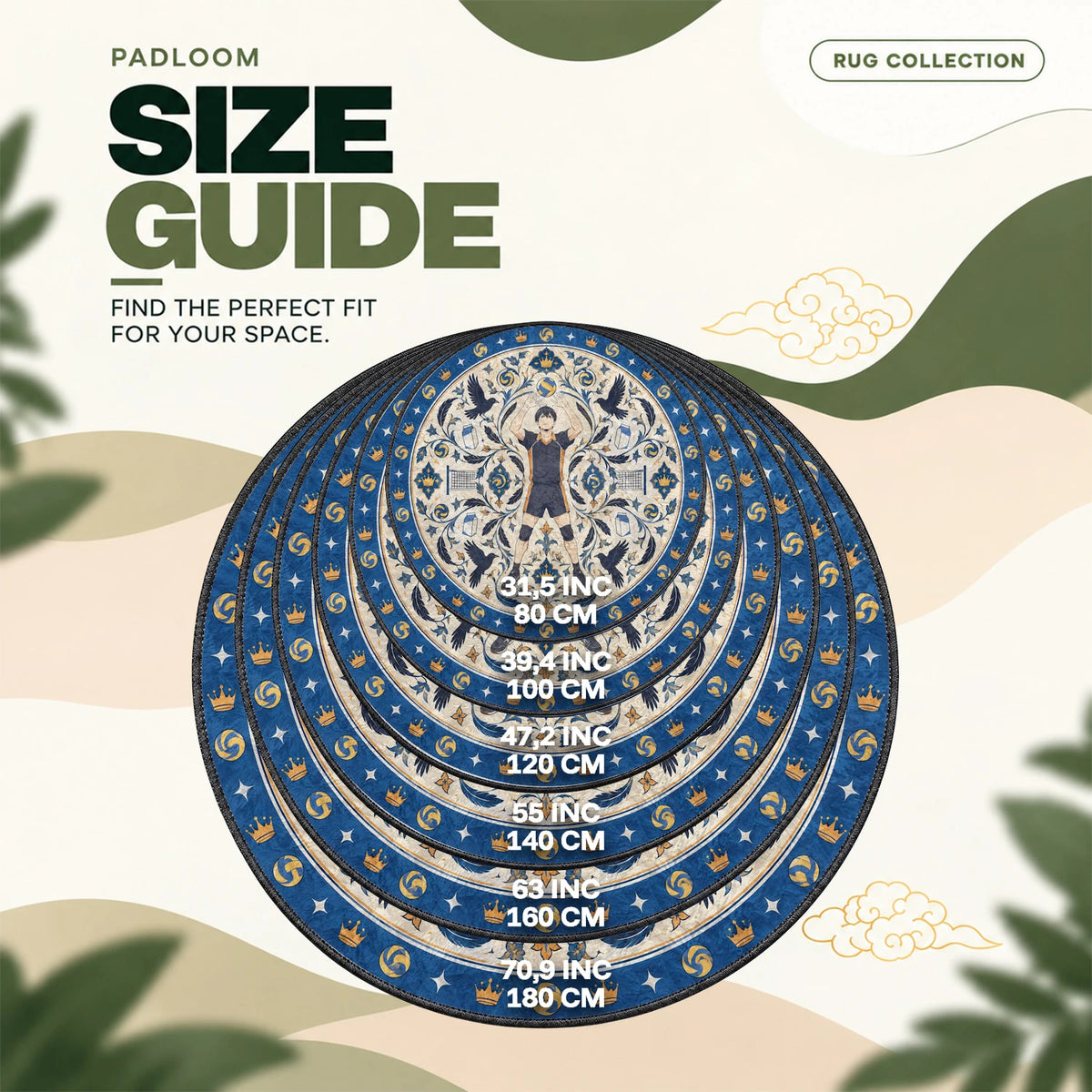 Kageyama Setting round rug size guide, 80 to 180 cm (31.5 to 70.9 in)