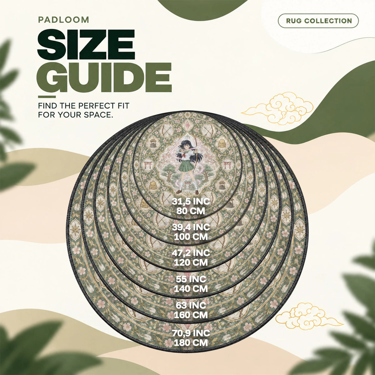 Kagome Archer round rug size guide, 80 to 180 cm (31.5 to 70.9 in)