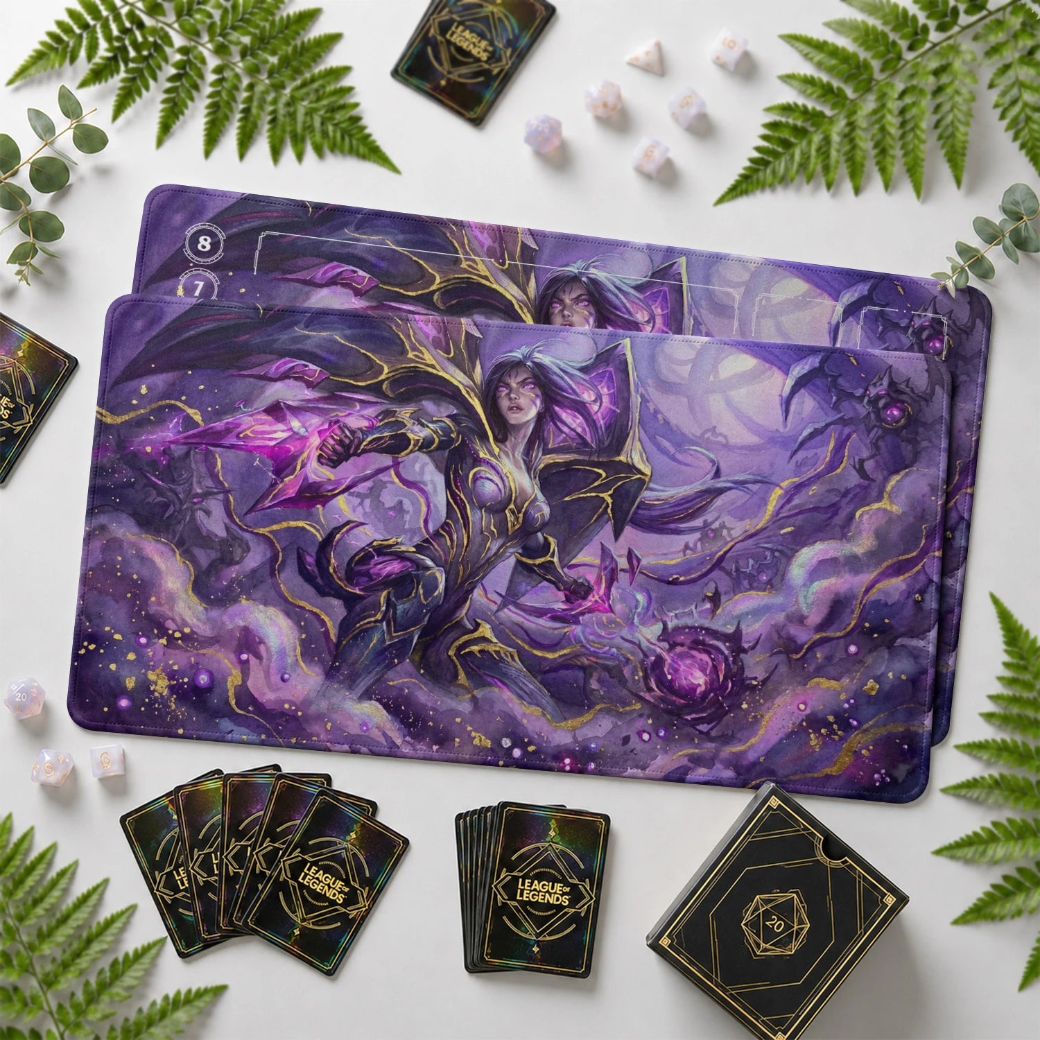 Kai'Sa Void Riftbound TCG playmat with card zones and score track – LoL game mat